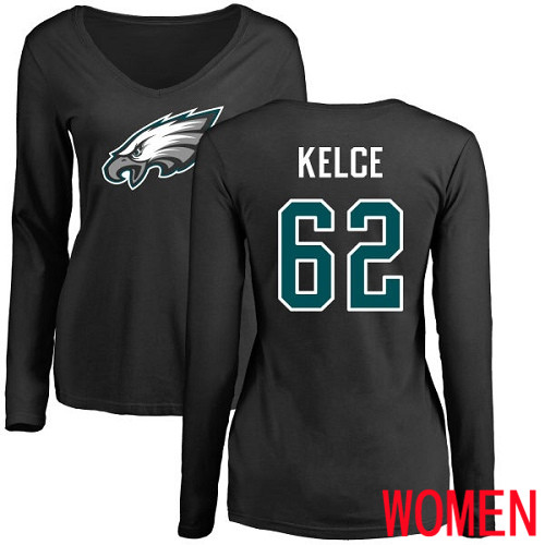 Women Philadelphia Eagles #62 Jason Kelce Black Name and Number Logo Slim Fit Long Sleeve NFL T Shirt.